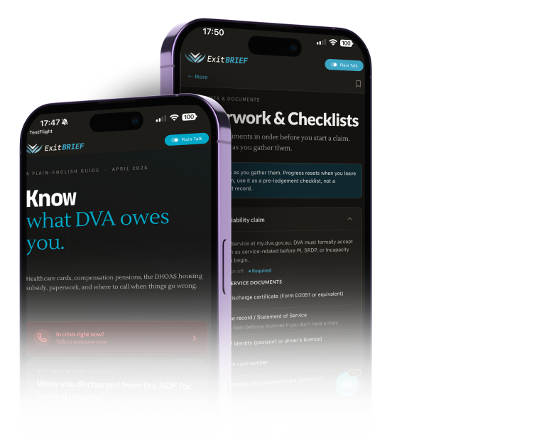 ExitBrief on iPhone — Home and Paperwork screens