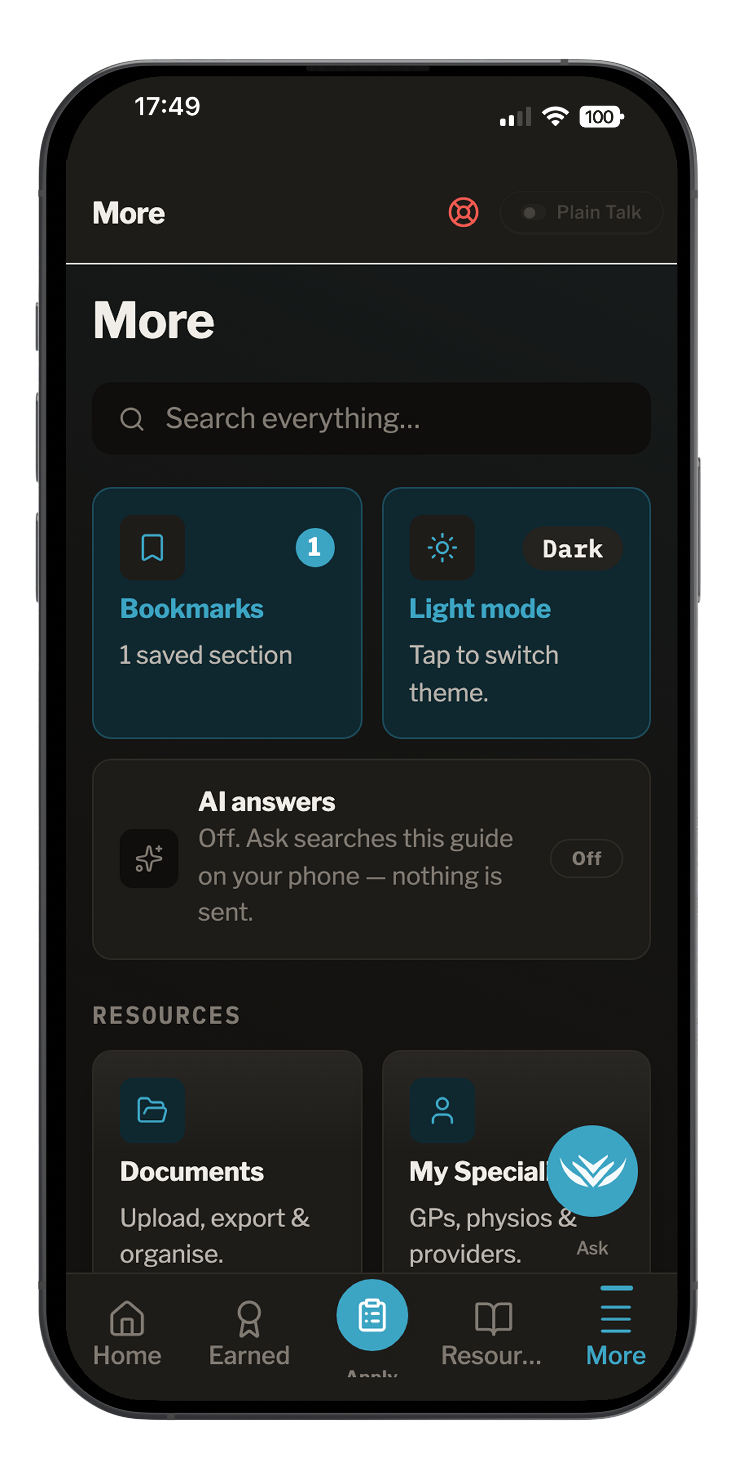 ExitBrief More screen — bookmarks, documents, specialists and tools