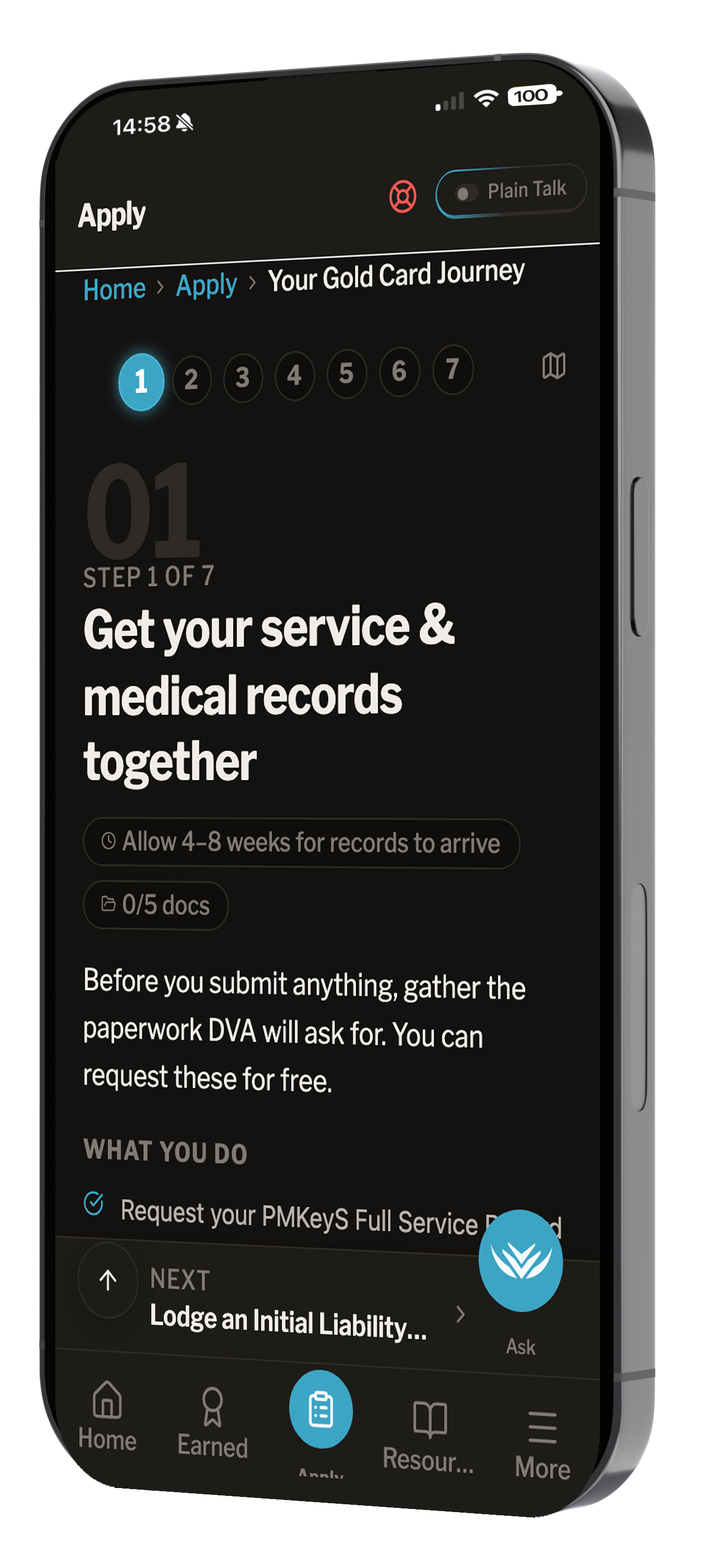 ExitBrief Apply screen — step 1 of the Gold Card Journey, with its document checklist